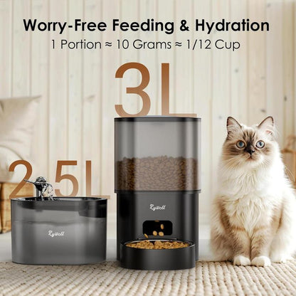 Automatic Pet Feeder & Water Fountain, App Control 3L Cat Food Dispenser, 85Oz/2.5L Automatic Water Dispenser, Dual Power Supply with Voice Recorder