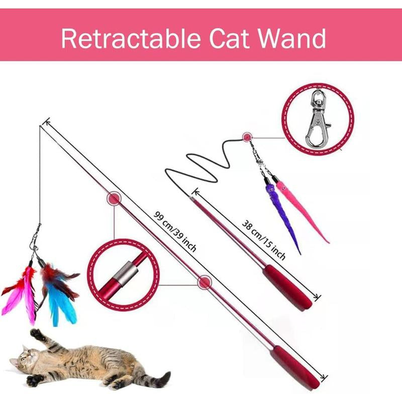 Cat Toy Wand, Retractable Cat Feather Toys and Replacement Refills with Bells, Interactive Cat Toys for Cat Kitten Exercise