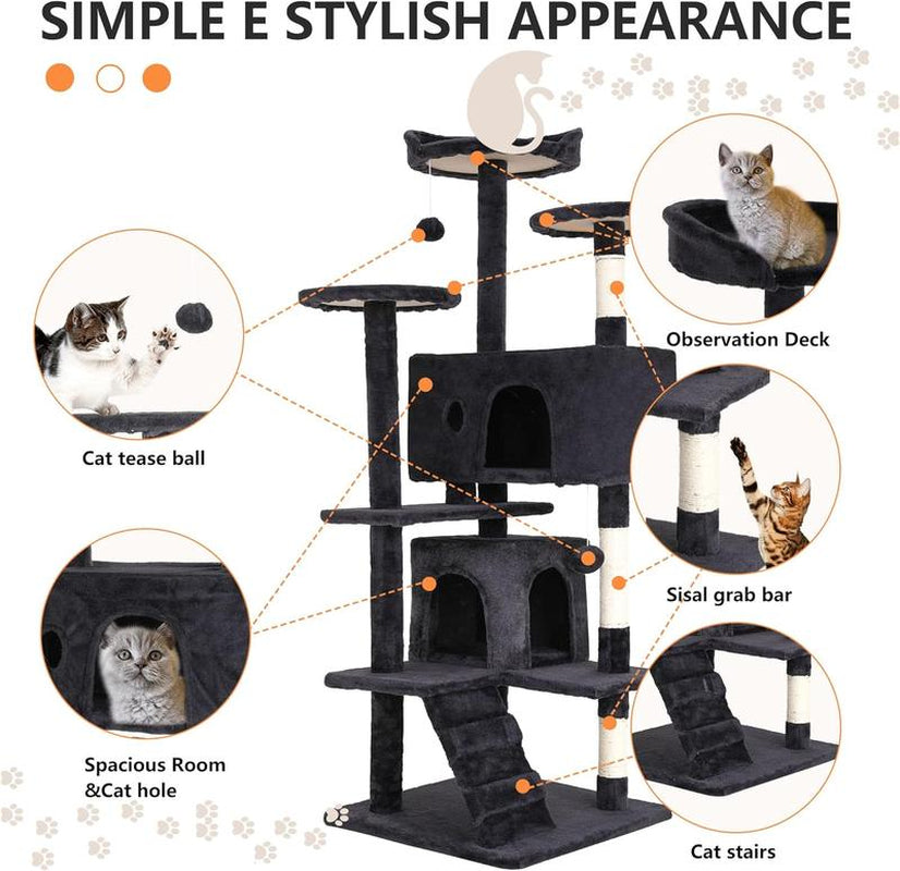 Cat Tree Tower for Indoor Cats,Multi-Level Furniture 54In Activity Center with Scratching Posts Stand House Condo Funny Toys Kittens Pet Play House,Dark Gray