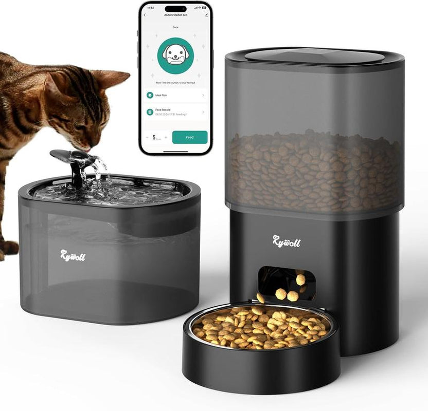 Automatic Pet Feeder & Water Fountain, App Control 3L Cat Food Dispenser, 85Oz/2.5L Automatic Water Dispenser, Dual Power Supply with Voice Recorder