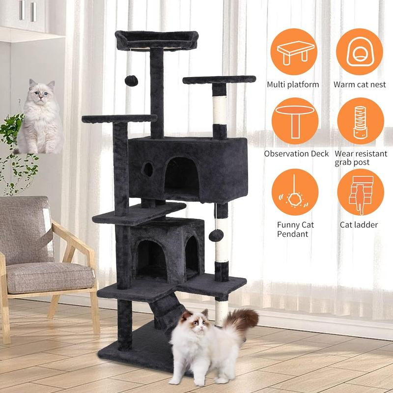 Cat Tree Tower for Indoor Cats,Multi-Level Furniture 54In Activity Center with Scratching Posts Stand House Condo Funny Toys Kittens Pet Play House,Dark Gray