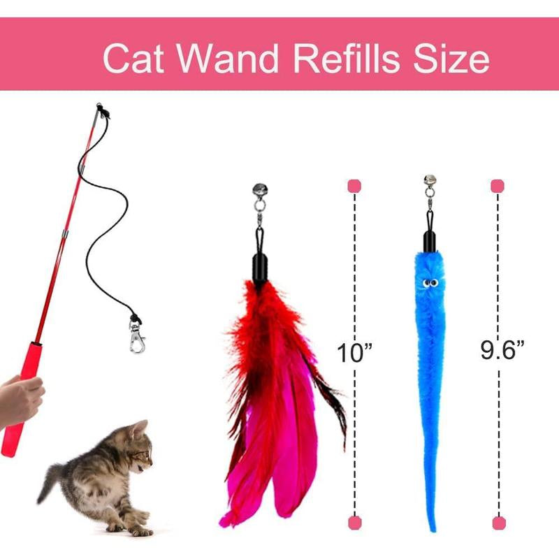 Cat Toy Wand, Retractable Cat Feather Toys and Replacement Refills with Bells, Interactive Cat Toys for Cat Kitten Exercise